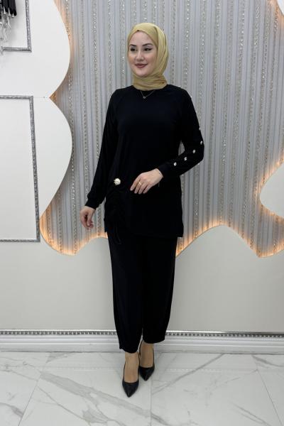 Büzgü pantolonlu takım Siyah