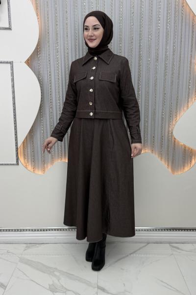 Elvan Kot Ceketli Elbise Kahverengi