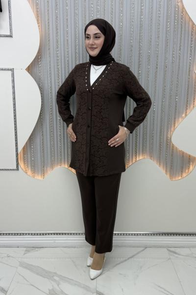 İşleme pantolonlu takım Kahverengi