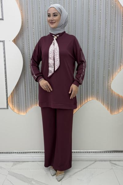 Mukadder Pantolonlu Takım Bordo