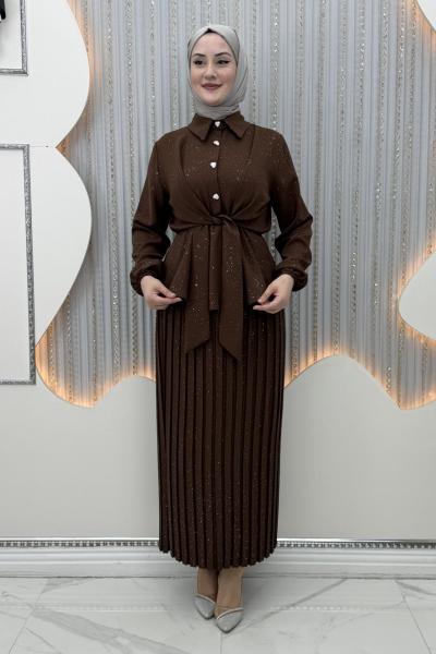 Pırıltı Etekli Takım Kahverengi