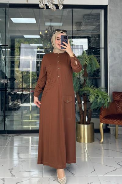 Kabartma Desenli Elbise Taba