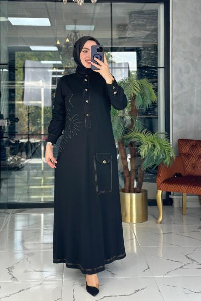 Kabartma Desenli Elbise Siyah