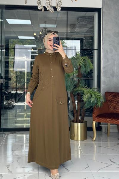 Kabartma Desenli Elbise Haki