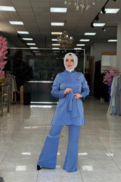 Kuşak Detaylı Takım Bebe Mavisi