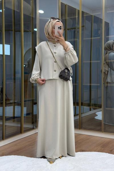 Asimetrik Düğme Detaylı Yelek Elbise Bej