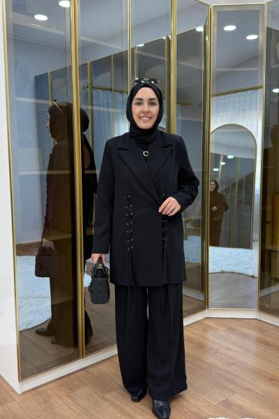 Bağcık Detaylı Ceket Takım Siyah