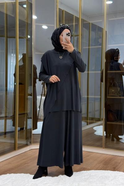 Çapraz Şal Detaylı Tilda Kumaş Takım Füme