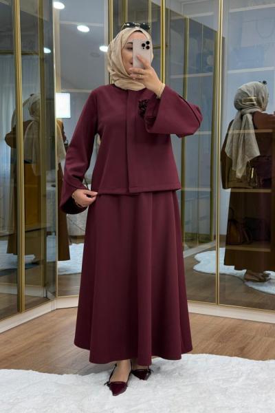 Çiçek Broş Detaylı Scuba Etekli Takım Bordo