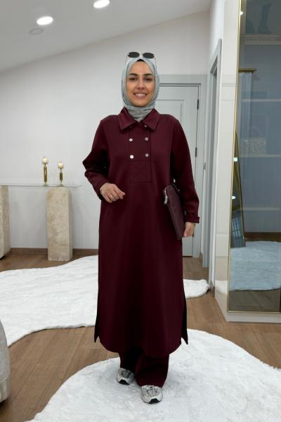 Çıtçıtlı Detaylı Maksi Boy Scuba Takım Bordo