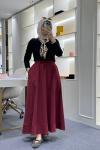 Dikiş Detaylı Beli Lastikli Etek Bordo