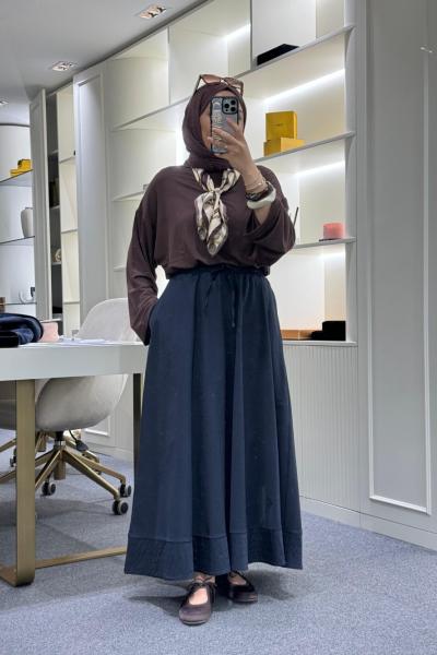 Dikiş Detaylı Beli Lastikli Etek Lacivert