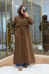 Fermuar Detaylı Maksi Boy Trençkot Kahverengi