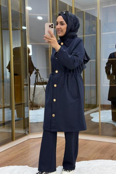 Gold Düğmeli Beli büzgülü Scuba Takım Lacivert