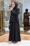 Pile Detaylı Ceket Etekli Takım Siyah