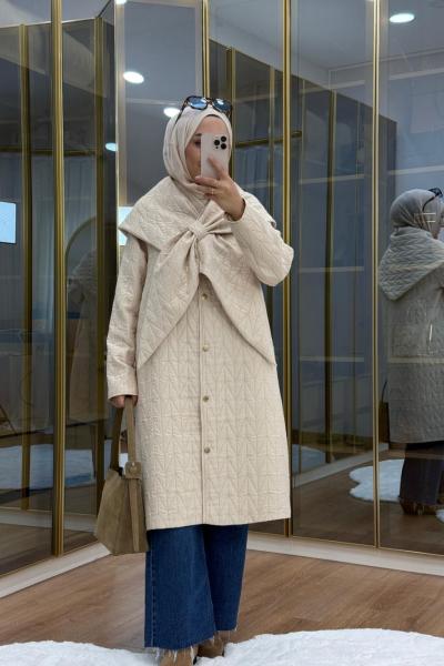 Şal Detaylı Kapitone Mont Bej