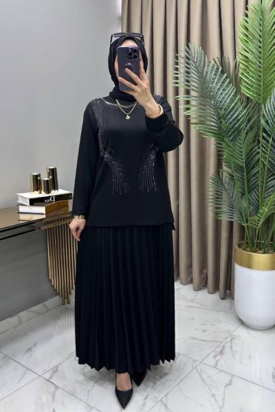 Alya Taşlı Takım Siyah