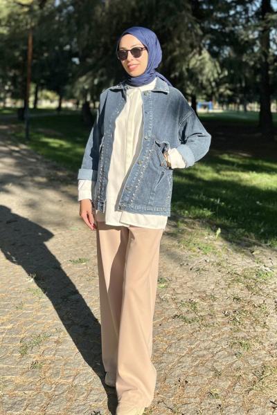 Asya Taşlı Kot Ceket  Açık Lacivert