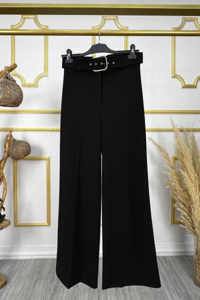 Bol Paça Kemerli Krep Pantolon  Siyah