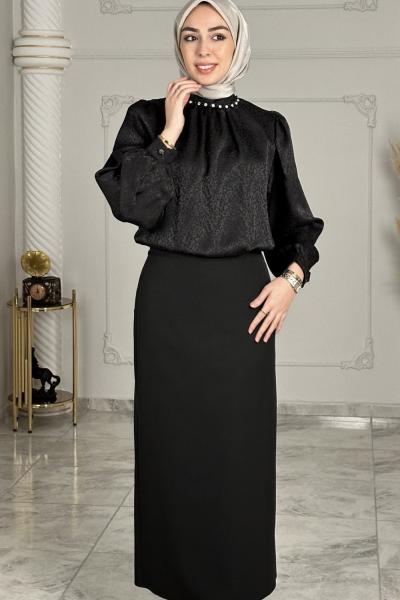 Evsa Saten Bluz Siyah