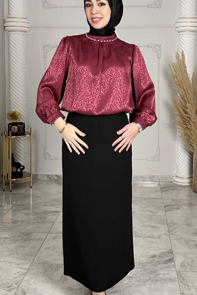 Evsa Saten Bluz  Bordo