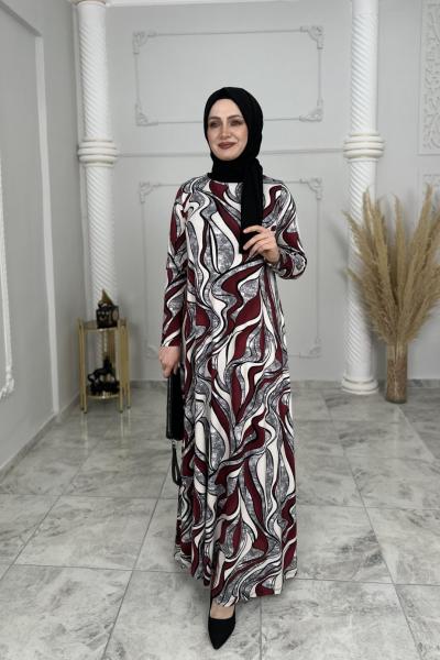 Örme Viskon Hale Elbise  Gri Bordo