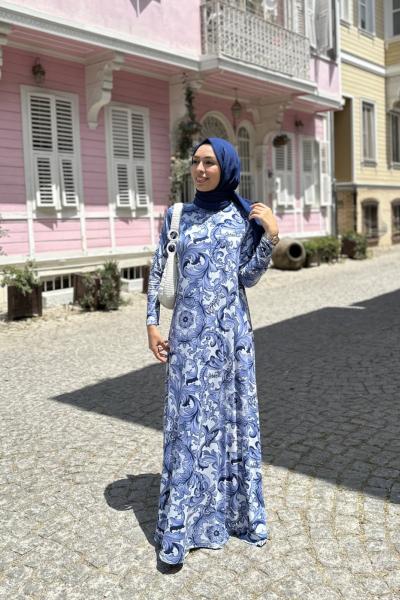 Örme Viskon Hale Elbise  Mavi