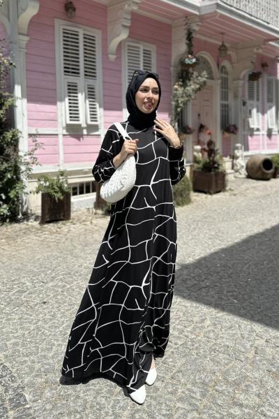 Örme Viskon Hale Elbise  Siyah Beyaz