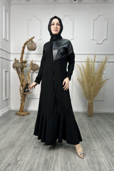 Saçaklı Deri Garnili Elbise Siyah