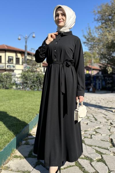 Seren Krep Elbise  Siyah