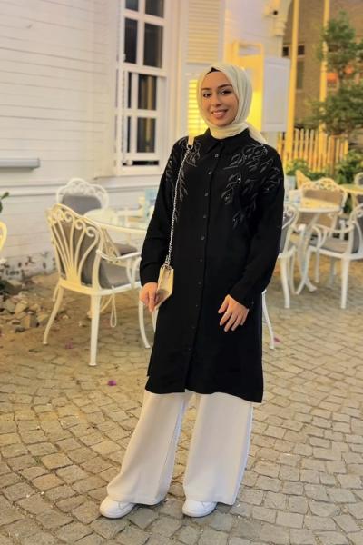 Uzun Çiçek Elbise  Siyah