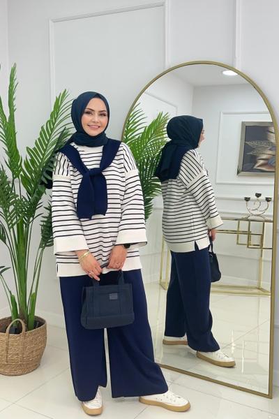 FULARLI TRİKO TAKIM - LACİVERT