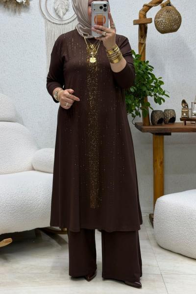 LİNE TAŞLI TAKIM Kahverengi