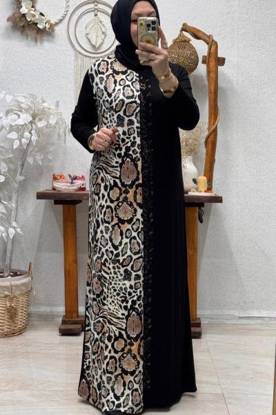 YAZ TAŞLI ELBİSE  Hardal Siyah