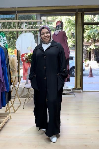 Tahta düğmeli kap Siyah